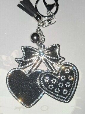 New! Double Heart Rhinestone Keychain With Tassel